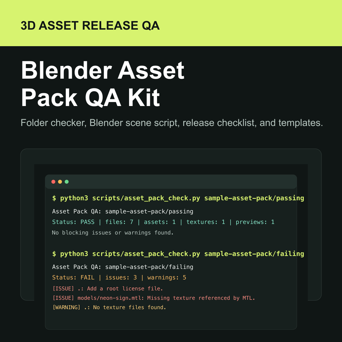 Blender Asset Pack QA Kit cover artwork with actual QA output