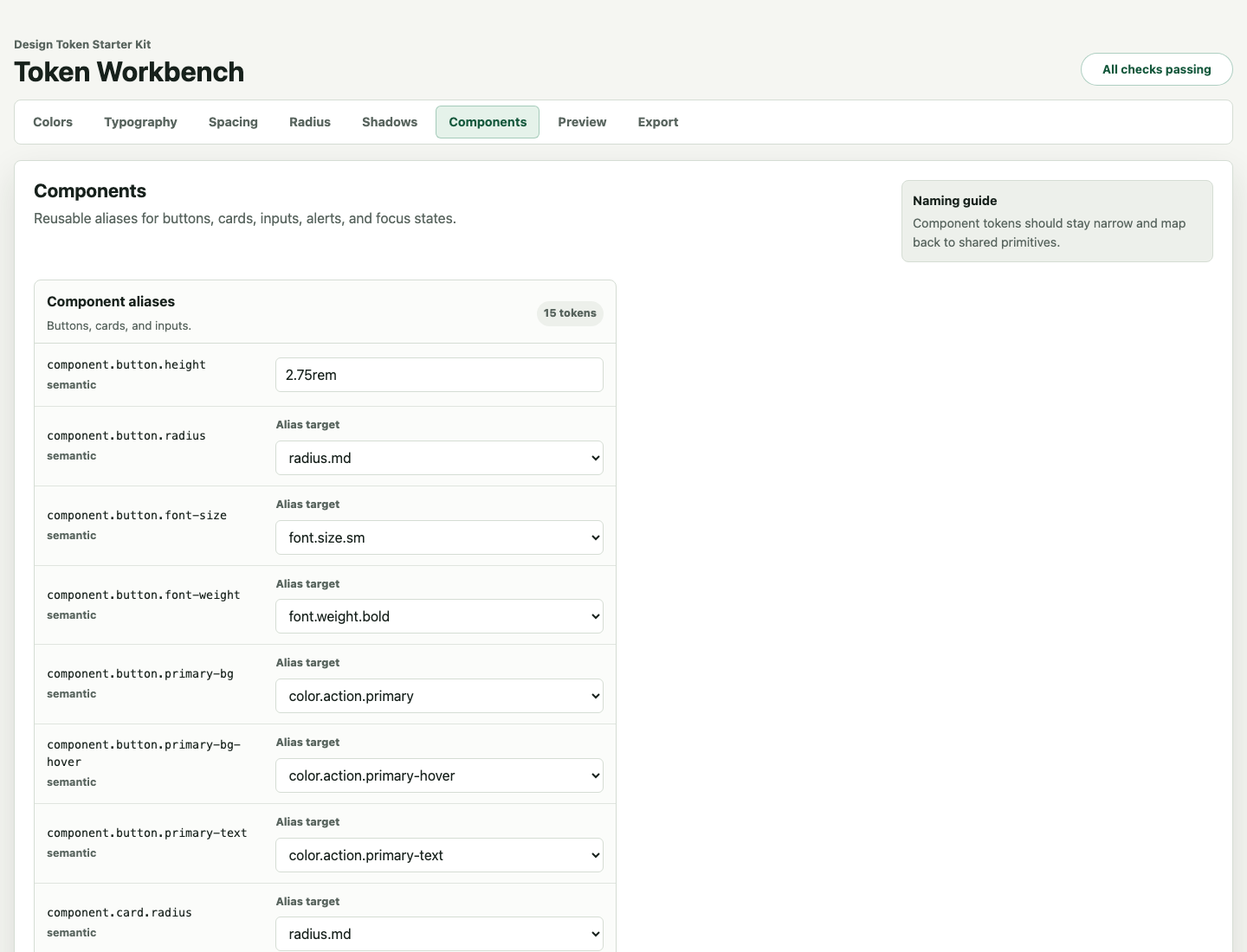 Component controls for buttons, cards, and form fields