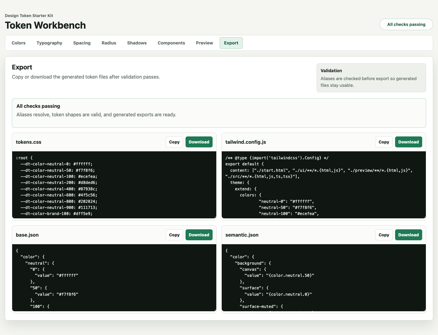 Save panel with built-in checks and copy or download actions