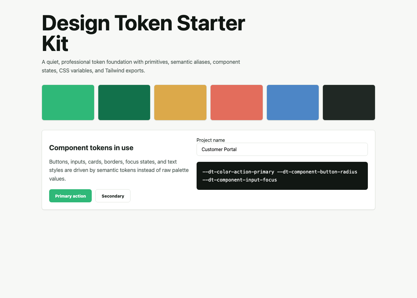 Design Token Starter Kit preview showing color swatches, buttons, inputs, and token variable examples